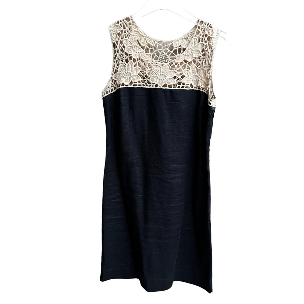 Ann Taylor LOFT Tan Lace Embroidery Detail Black 100% Linen Shift  Dress size 4